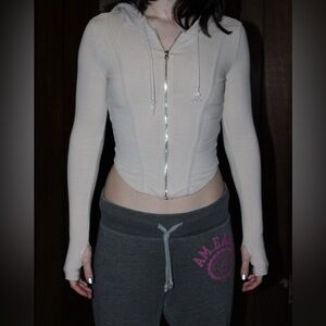 Cropped Ribbed Beige Zip Hoodie